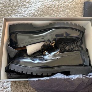 Black Leather Lug Sole Women’s Loafers